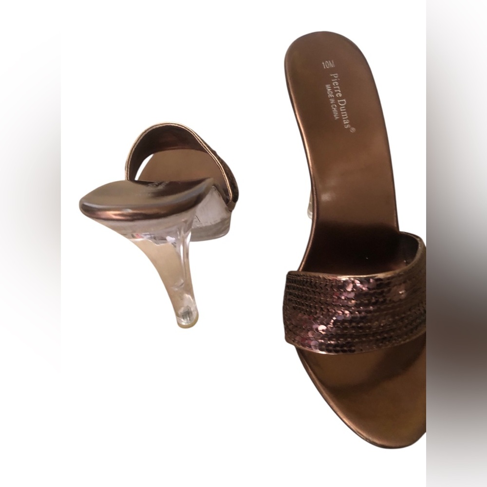 Pierre Dumas Bronze Sequin Slide Heels with Clear Stiletto - Picture 3 of 4